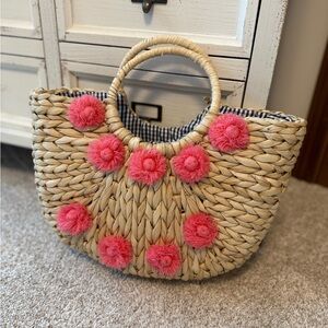 Straw Tote Bag with Pink Pom Poms